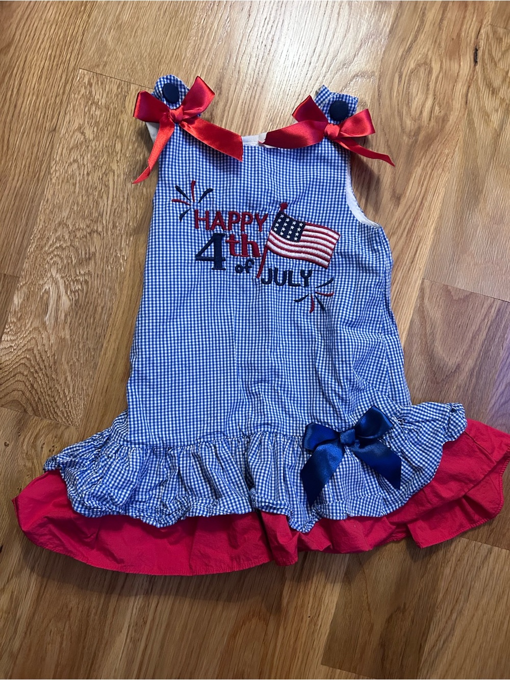 4th of July Gingham Ruffle Dress with Bows - Blue & Red